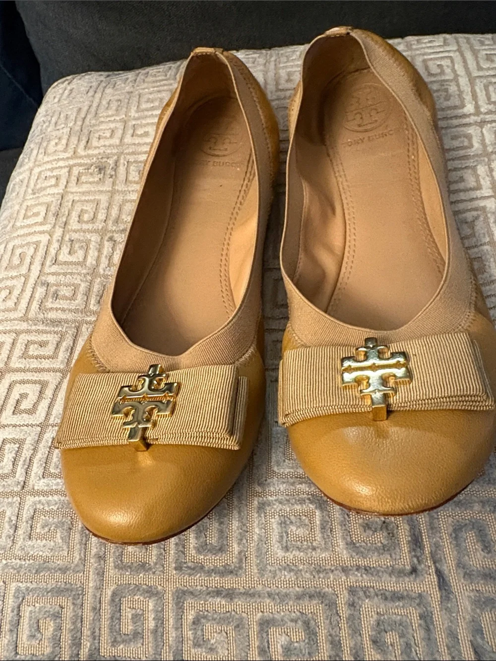 Tory Burch Camel Leather Logo Bow Flats